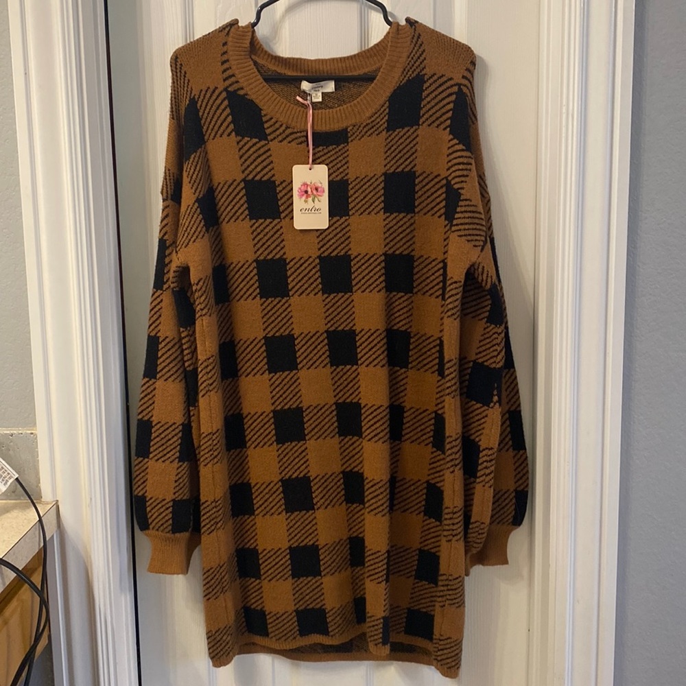 Fall Transition Plaid Sweater Dress In Camel